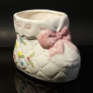 Vintage Quilted Ceramic Baby Bootie Planter Shower Birth Christening